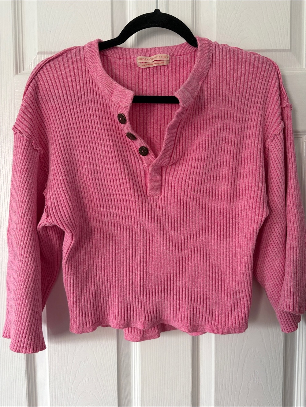 Urban Outfitters Pink Ribbed Henley Sweater with Button Placket